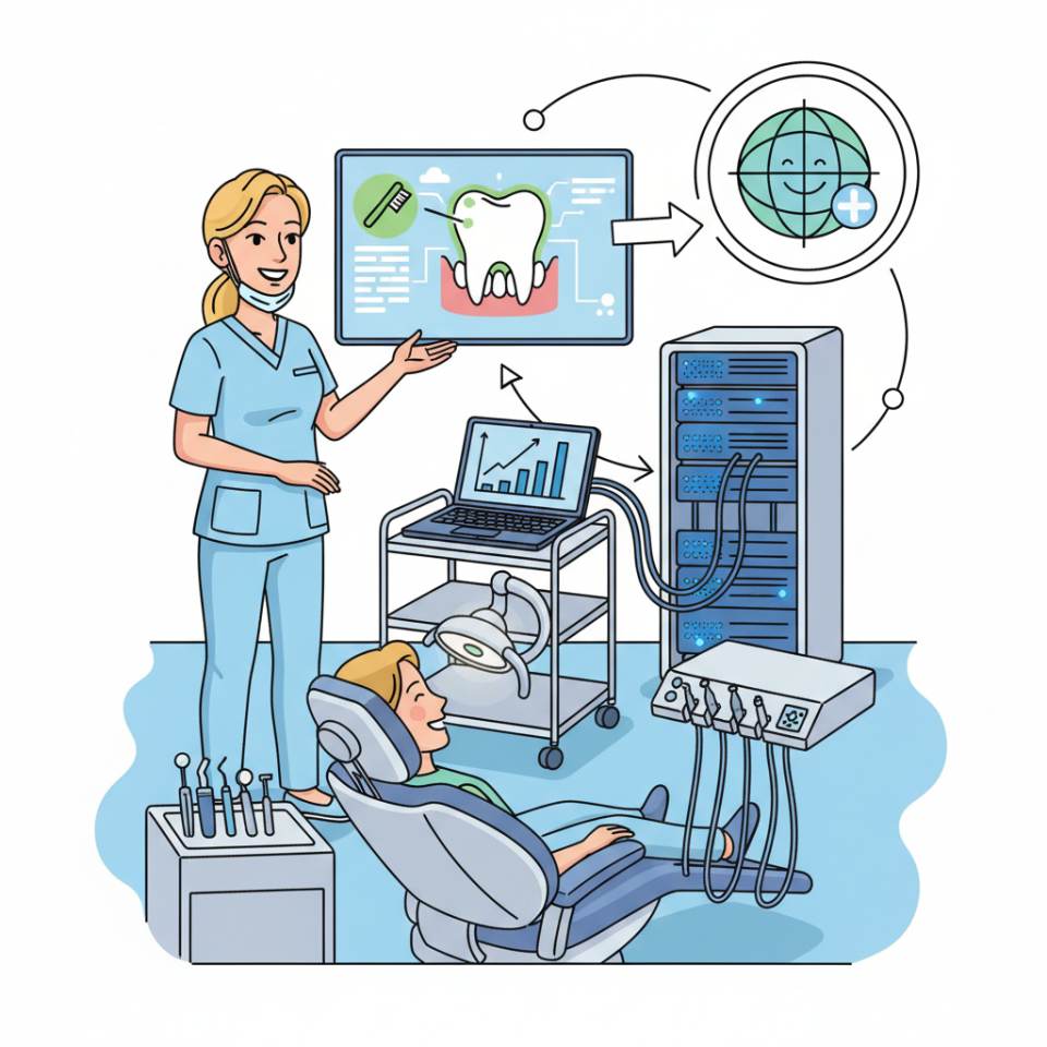 Comic-Darstellung eines Dentalhygienikers mit Mundspiegel und Prophylaxe-Instrumenten am Behandlungsstuhl