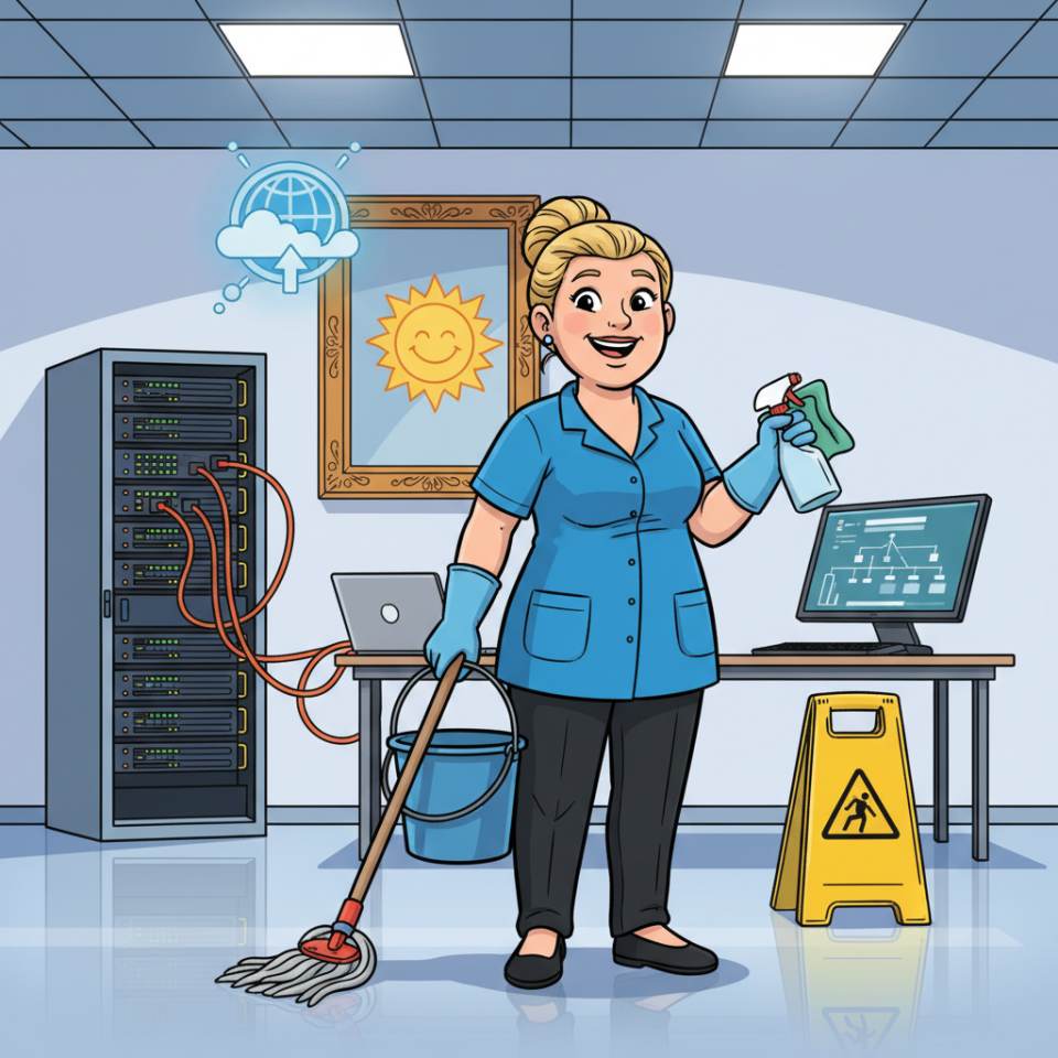 Comic-Darstellung einer Reinigungskraft mit Reinigungswagen und Wischmopp in einem hellen Büroflur