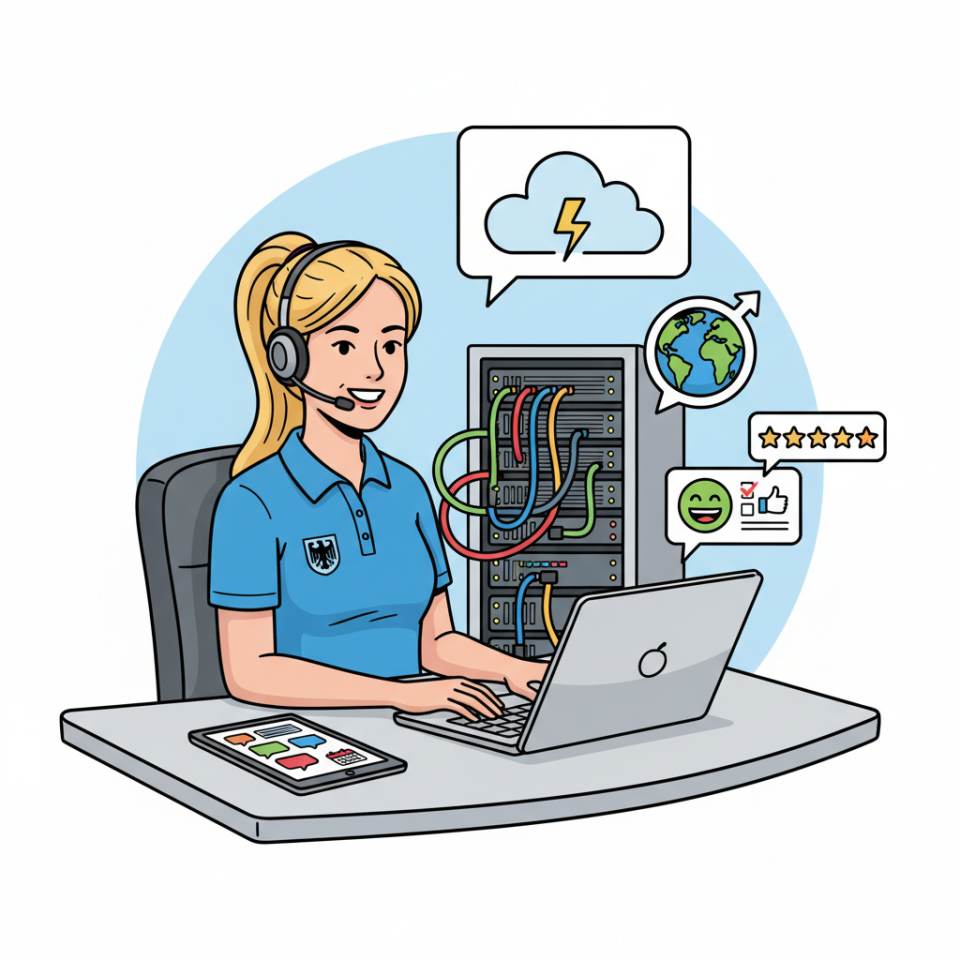 Comic illustration of a customer service agent with headset at a desk in front of a laptop and ticket system