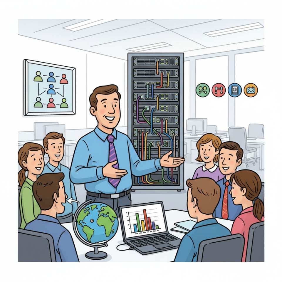 Comic illustration of an HR officer with application documents, a laptop and an organisation chart in a modern office