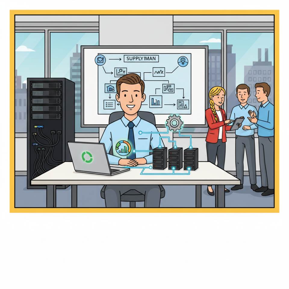 Ilustración tipo cómic de un administrativo industrial con portátil, carpeta de pedidos y gráficos delante de una nave de producción moderna