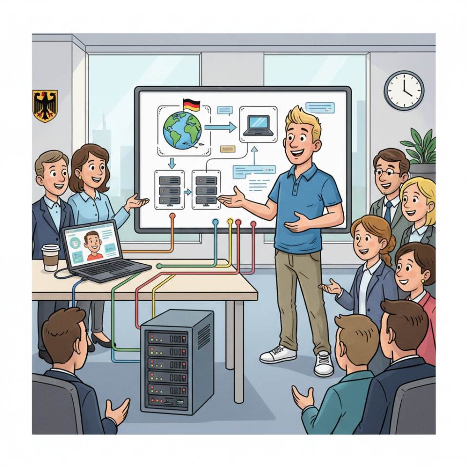 Ilustración cómica de un entrenador con plan de entrenamiento y cronómetro guiando a un grupo deportivo en el pabellón