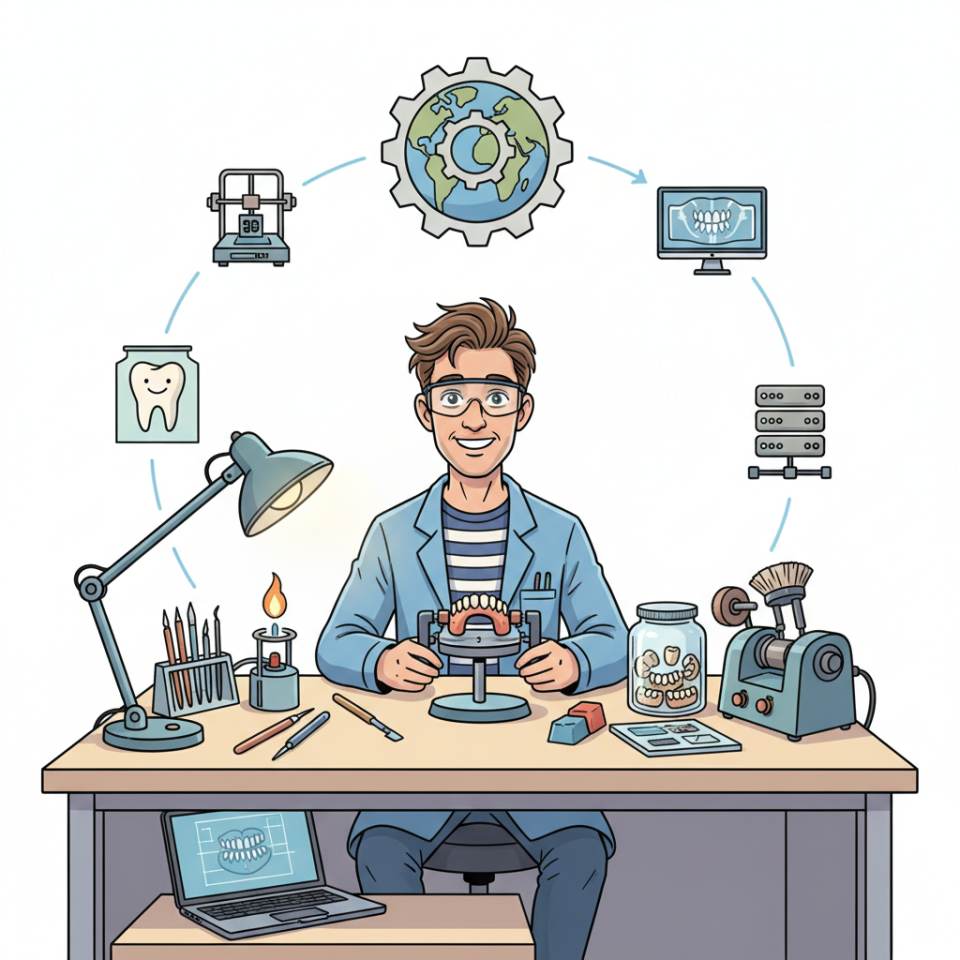 Ilustración tipo cómic de un técnico dental con pinzas y una corona dental en el banco de trabajo del laboratorio dental